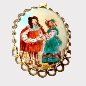 Edwardian porcelain costumed couple hand painted signed pendant necklace 22” L